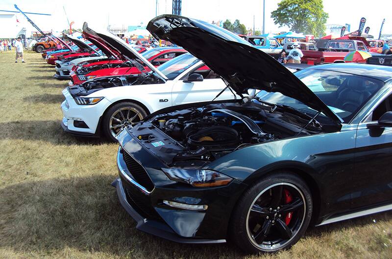 S550 Mustangs at show with hoods up